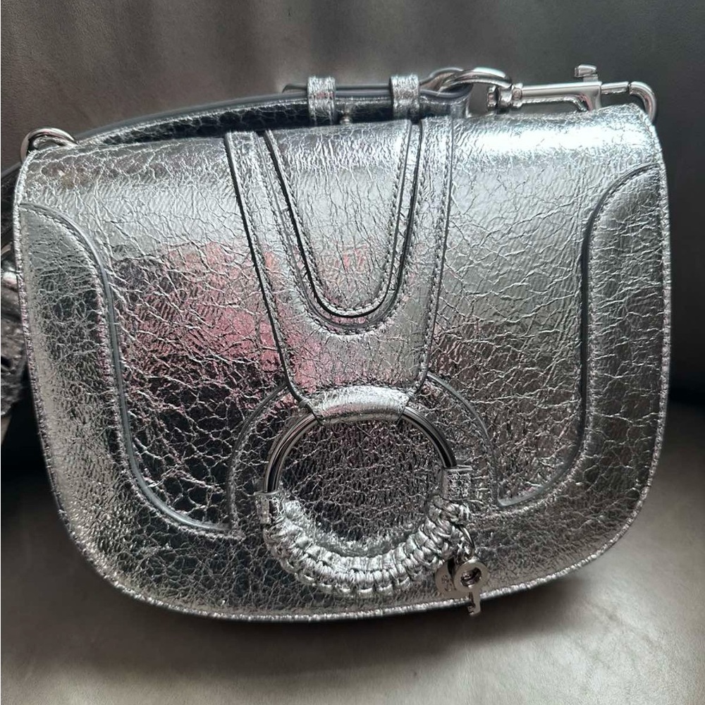 Chloe Metallic Silver Crossbody Bag with Ring Detail